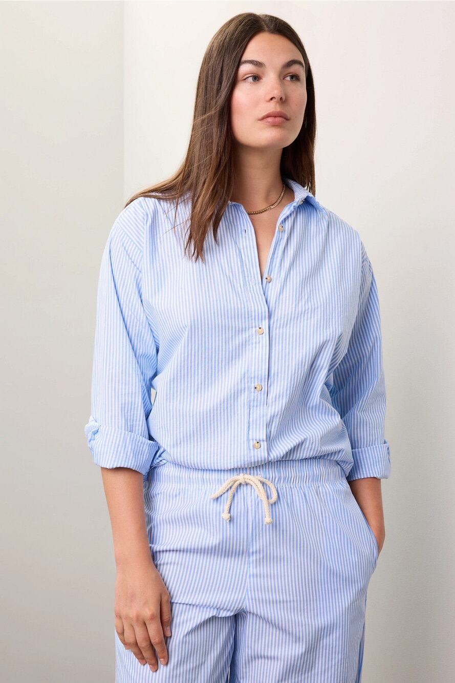Donni Blue White Striped Cotton Poplin Long Sleeve Button Up Shirt Size XS